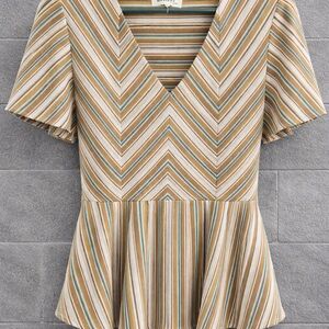 Monteau Striped V-Neck Peplum Top in Tan, Cream & Blue